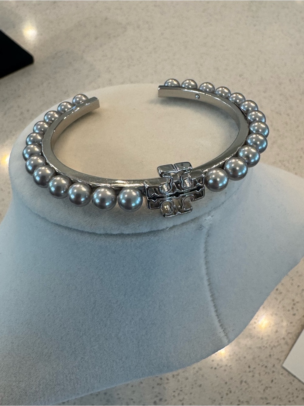 Tory Burch Silver Pearl-Trim Open Cuff Bracelet